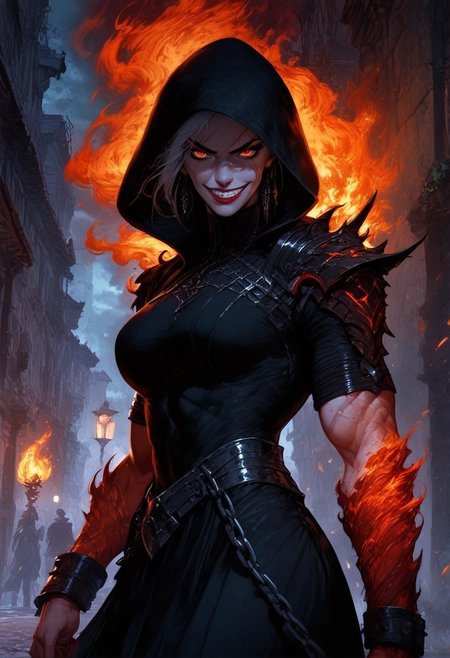 BREAK score_9, score_8_up, score_7_up, street, moon, fire, dark, ominous, muscular woman, pale skin, scars cultist, black hood, red irises, evil smirk, dark dress, abs, chains, cowboy shot

(masterpiece, best quality, ultra detailed, intricate details:1.2), dynamic lighting, detailed face, detailed teeth, perfect eyes, beautiful face