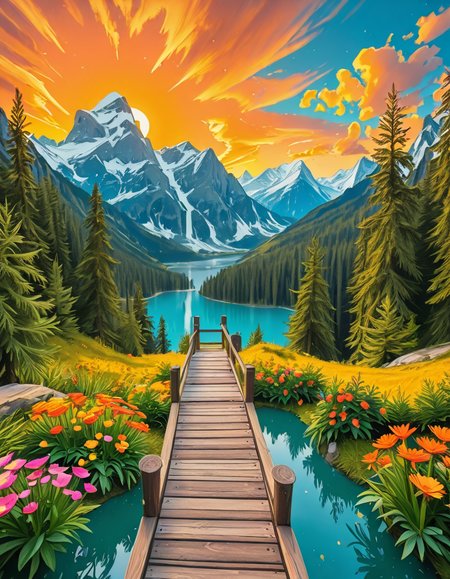 A breathtaking, high-resolution photograph of the most beautiful place on Earth, where natureâs wonders blend in perfect harmony. Towering, snow-capped mountains rise majestically in the background, their peaks glowing under the golden hues of a setting sun. Below, a crystal-clear turquoise lake reflects the colors of the sky, surrounded by lush, green forests filled with ancient trees, vibrant wildflowers, and cascading waterfalls. A soft mist rises from the valley, adding a dreamlike quality to the scene. In the distance, rolling meadows stretch toward the horizon, dotted with colorful flowers and serene wildlifeâgraceful deer grazing, birds soaring in the sky, and butterflies dancing in the breeze. A wooden footpath winds through the landscape, leading to a secluded, tranquil spot where the beauty of nature can be fully admired. The air is crisp and filled with the soothing sounds of rustling leaves, flowing water, and distant birdsong. The sky above is a masterpiece of colorsâdeep oranges, purples, and pinks blending seamlessly as the sun sets, casting a magical glow over this untouched paradise. The atmosphere is peaceful, awe-inspiring, and filled with a deep sense of wonder and tranquility, as if stepping into a perfect dream.
<lora:SDXLFaeTastic2400:0.4> <lora:extremely_detailed:0.4> extremely detailed,Earth P4r4d1s3, <lora:Earth_P4r4d1s3-i:1>, Masterpiece,best quality,hi res,8k,hi res,8k,award winning,(sharp focus, intricate, highly detailed),