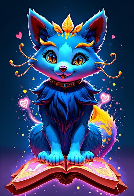 Score_9, Score_8_up, Score_7_up, Detailed draw, feral, animal, quadruped, wonderful, anthro, biped, no humans, (yuumi-default:1.5), blue fur, chest tuft, yellow whiskers, blonde eyebrows, headgear, necklace, yellow tail tip, cute,lick paw, cute lovely hearts detail, adorable, cuddly, sitting, huge body, riding book, (floating object riding book:1.5), magic spells around book, floating object, kitty paws, (fluffy fur body:1.5), big cute eyes, looking at the viewer, happy eyes, long fur, two toned fur, yellow eyes, slit eyes, cute fangs, ng_deepnegative_v1_75t, (cute and pretty:luminescent paints, phosphorus paints, glows at night, paint splash), more detail fur and visual, warm color, vibrant colour,
