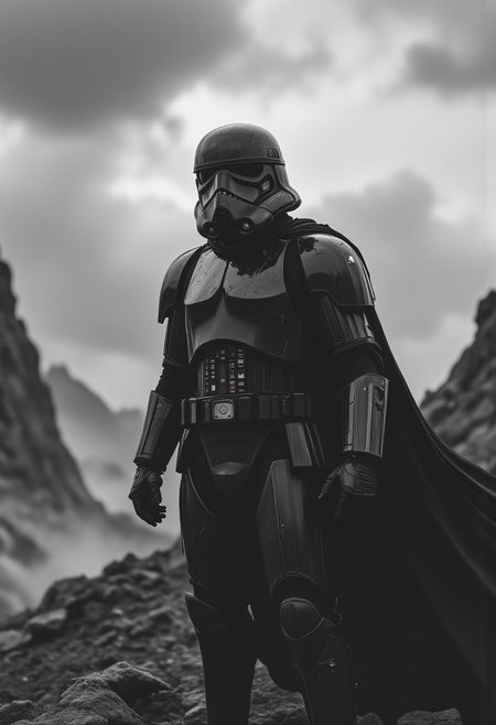 A lone dark sci-fi stormtrooper from star wars heavily armored, cracked and battle-worn armor, flowing black cape, standing in a desolate rocky landscape, stormy sky, cinematic lighting, fog and ash particles, monochrome color scheme, ultra-detailed, post-apocalyptic atmosphere