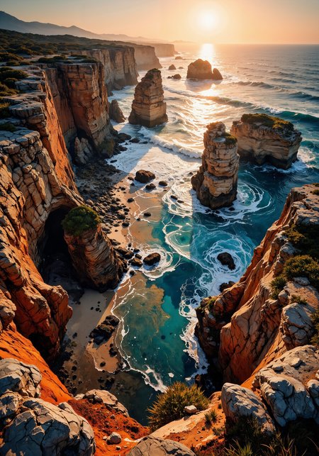 Sweeping aerial view of a rugged coastal cliff at dawn, dramatic low-angle perspective capturing ancient weathered stone formations and cascading tide pools shimmering in soft early light. Intricate textures of glistening salt crystals, delicate sand grains, and lush marine flora merge with a vibrant color palette of fiery oranges, deep blues, and gentle gradients. Natural spatial composition, masterpiece quality, 8K ultra realistic render. Emphasis on organic details, atmospheric mood, and delicate interplay of light and shadow, evoking serene beauty and timeless coastal majesty. <lora:Illustration_Style_IV:0.7> <lora:Memadukan_Brush_Strokes_of_Fineart:0.1> <lora:FluxMythAn1meL1nes:0.3> <lora:Organic Sauce - FLUX:0.7> <lora:Chris_Luka:0.3> <lora:flux_dev:1>