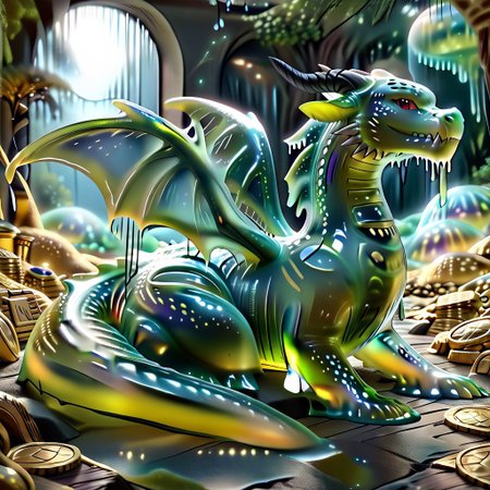 1dragon, highly detailed deep green and black  dragon, deep green and black dragon made out of slime, scaly deep green and black slime dragon, slime dragon with red eyes, deep green and black slime dragon laying in its hoard, green and black slime dragon with wings, dragon wings, detailed claws, detailed feet, detailed tail,
multi-colored gems made out of slime, in a room of treasure made out of slime, tiny gold coins and bars made out of slime, piles of tiny coins, piles of tiny gold slime coins, piles of gold slime, tiny gold slime coins, only tiny coins, translucent slime coins, 
treasure-room, treasure, gemstone, coins, gold bars, gold pile, 
everything made of slime, No simple background,
((translucent slime)), ((transparent slime)), (bioluminescent slime), sl1m3, slime, ais-blmn, watce, je11y, thickwater, great lighting, ral-lava, even lighting, no bright spots, saturated colors,