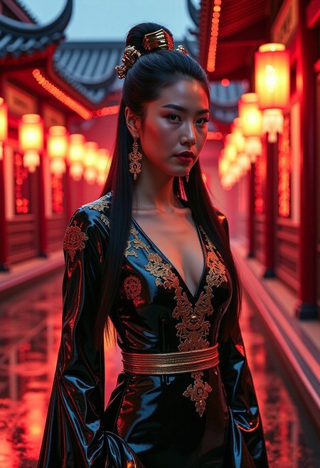 A stunning photorealistic portrait of a busty young East Asian woman in a fusion of traditional and futuristic fashion, standing in a serene courtyard at night. She wears a sleek, form-fitting hanfu-inspired gown made of glossy black and gold latex, with intricate cyberpunk-inspired embroidery glowing faintly. The deep neckline elegantly reveals her collarbone and cleavage, blending elegance with sensuality. The flowing latex sleeves shimmer under neon and lantern light, while a structured, high-tech obi belt with metallic accents cinches her waist.  
Her long, black hair is styled in an elaborate updo adorned with futuristic golden hairpieces and glowing red ornaments. Her deep, captivating eyes and her detailed skin  reflect the ambient neon and lantern lights. The traditional Chinese courtyard setting is transformed with cyberpunk elements—glowing lanterns now infused with neon hues, digital calligraphy on wooden pillars, and a soft mist rising from the ground. The background features red lacquered buildings with soft holographic projections blending with ancient architecture.  
The scene is illuminated by a mix of moody, cinematic lighting—red and gold lanterns casting warm shadows, while subtle neon glows create a striking contrast. The image is captured in **Annie Leibovitz’s** signature dramatic portrait style, with ultra-high detail, 8K resolution, lifelike textures, and a perfect balance of softness and sharp contrast.