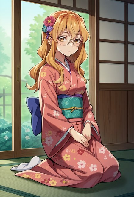 score_9, score_8_up, source_anime, 1girl, solo, SumikaChibana, long hair, glasses, indoors, kimono, hair flower, floral print, wariza, kneeling, <lora:ChamSumikaChibanaPonyXL:1>