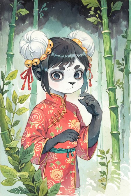 (anthro panda girl:1.4),(solo:1.5),double bun,black hair,ameli,looking at viewer,bamboo forest, 
deep dark night,chinese clothes,chinese commentary, portrait,  watercolor \(medium\), fur paws,black eyes
<lora:Perfect Hands:1> <lora:age_slider_v4:-2> <lora:Ameli:0.9>, score_9, score_8_up, score_7_up, score_6_up, score_5_up, score_4_up,zPDXL
