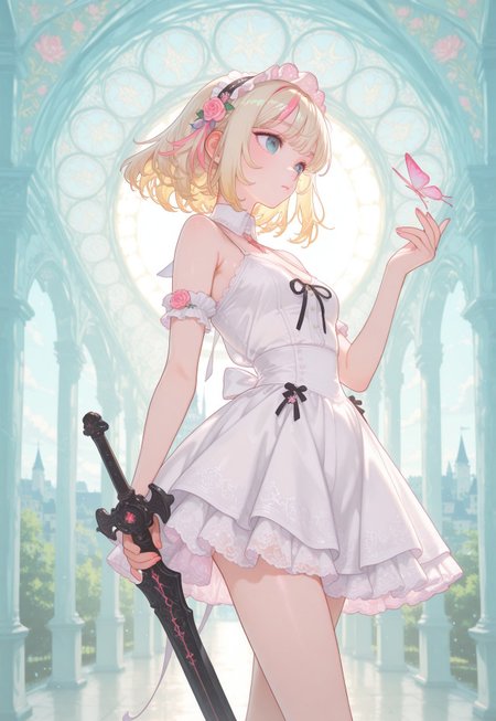 safe_pos, masterpiece, best quality, amazing quality, very aesthetic, absurdres, newest, dim light, dramatic lighting, highres, digital art, surreal, dynamic composition, 8K, depth of field, focused subject, best quality, (art nouveau illustration:0.9),
BREAK,
1girl, 25 years old, kawaii, cute, attractive, blonde hair, pink streaked hair, gothic make up, beautiful sundress \lace elements, gothic ornament\, gothic castle in pop art style in the background, vibrant, sensual, massive sword in hand,  elegant, perfect, detailed,
BREAK,
artist_moriimee, Y0ney4m4_illu, artist_moriimee, monmon2133, fusion of the brightness of pop art style and the depressiveness of gothic style, final fantasy influence, an unexpected combination of melancholy and optimism, UFD-Illu