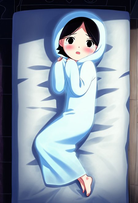 zPDXL3, source_cartoon, Perfect Hands, full body,
1girl, solo, bedroom, looking at viewer, saoirse, black hair, black eyes, blush, ghost, hood up, robe, barefoot, glowing, lying on bed, from above, lying on side, facing at viewer, feeling cold, eyes open, crying sadly, open mouth, sleeve past wrist, slim body, long body, highlight cloth wrinkle, anime style,
<lora:Perfect Hands:1>  <lora:Saoirse_-_The_Song_of_the_Sea-000009:1>