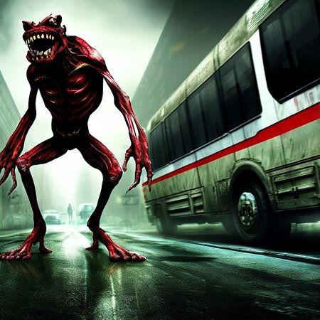 A monster sitting at the back of a buss, other passengers unaware, 8k, photo, hyper detailed, by HorrorByDave