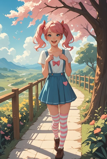 Idyllic, core_9, score_8_up, score_7_up,  1girl, pink hair, twintails, striped thighhighs, skindentation,, peaceful, happy, pleasant, happy, harmonious, picturesque, charming
