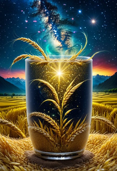 (((best quality))), (((ultra detailed))), (((masterpiece))), illustration, a cup, blue starry sky, golden rice fields, golden rice ears, many tiny and colorful luminous particles, illuminated by the Milky Way, dreamy atmosphere, high details, complex details, ultra wide viewing angle, panoramic photography, UHD, 8K