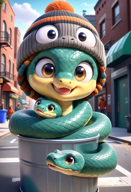CuteCartoonStyle, adorable big shiny eyes, 3DSnakes, cool design, cool pattern, smiling happy expression, cute, wearing a beanie on his head, the snake is wrapped around a metal trash can in an urban city street, looking at viewer,
