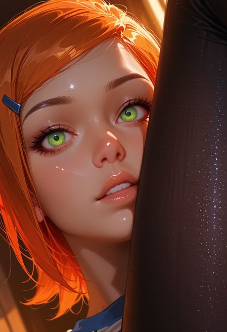 very detailed, flat color, no lineart, Vibrant Contrast, gradient colors, particle effect, (fine fabric emphasis:1.2), (((masterpiece, amazing quality, best quality, ultra-detailed, 8K, illustration, amazing quality, newest, absurdres, realistic))), highres, very aesthetic, absurd res, hi res, very awa, dynamic angle, refined, volumetric lighting, cinematic lighting, blurry background, close up vivid colors, ((source_realistic:1.6)), hyper detailed, (dynamic pose:1.4), depth of field, photorealistic colors,  

1girl, slim, fit, realistic, beautiful eyes, gwen tennyson (/Ben10)/,(ultra HD quality details), bright orange hair, short hair, (green eyes), mouth opened, hiding, focusing on colorful beetle