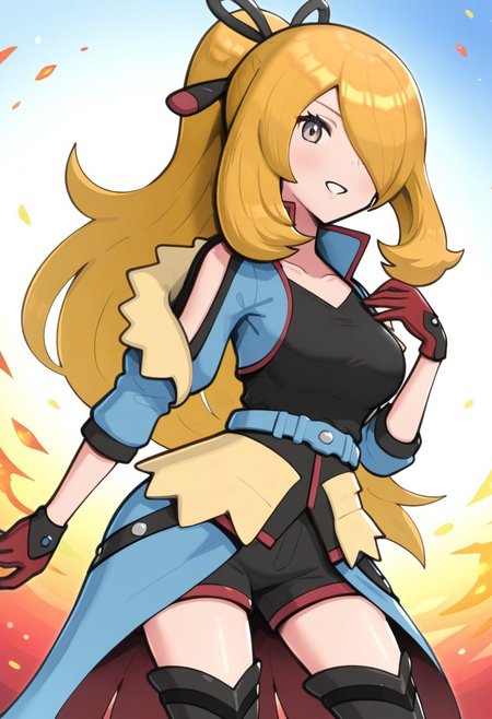 [hinosaki, pokemoa, gonzarez], 2d, masterpiece, best quality, amazing quality, 1girl, solo, close-up, standing, smile, upper body, cowboy shot, looking at viewer, simple background, colorful background, flames, auracynthia, def colors, grey eyes, blonde hair, very long hair, ponytail, black hair ribbon, hair over one eye, collarbone, blue jacket, shoulder cutout, red gloves, black shirt, blue belt, black shorts, showgirl skirt, blue skirt, red lining, thigh boots, high heels boots, black footwear