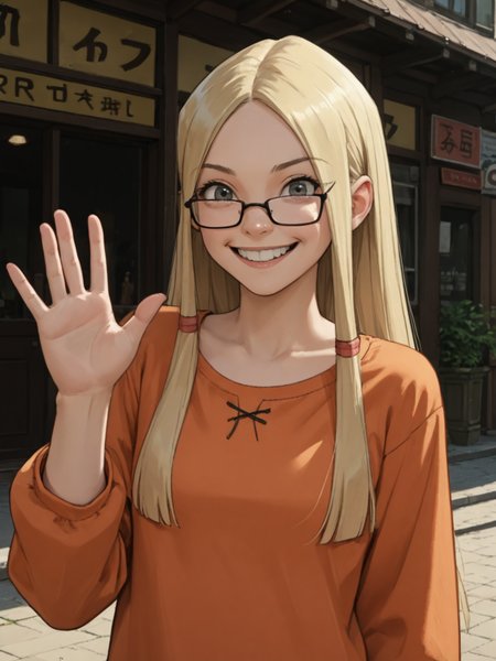 score_9, score_8_up, score_7_up,  score_6_up, BREAK, Gr3taBarrym0re, 1girl, solo, long hair, blonde hair, orange shirt, long sleeves, glasses, smile, upper body, raise left hand, waving, looking at viewer,<lora:Greta Barrymore-000009:1>