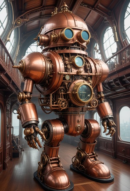 (medium full shot) of complex steampunk robot, copper body, with steam pipes, top hat with goggles, brass arms, gear-driven weapon, set in  a grand airship, with brass-bound railings, intricate gearwork, large propellers, and luxurious cabins , Masterpiece,best quality, photo, realistic, very aesthetic