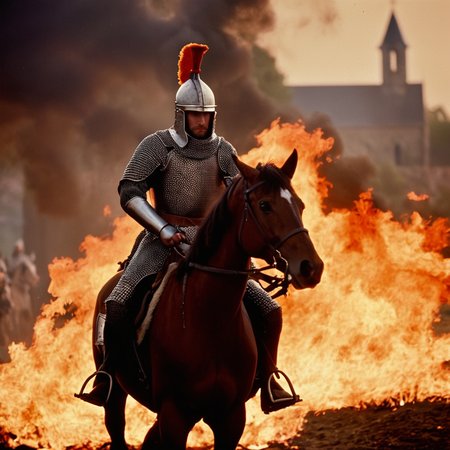 cinematic film still of <lora:detailed:0.2> 
<lora:perfection style:0.2>
<lora:Ron Fricke style:0.1>
 <lora:Braveheart film style:1>
In 1280 a medieval military man in armor and orange outfit riding a horse on a fire,weapon,male focus,multiple boys,armor,helmet,fire,riding,explosion,horse,burning , 13th century, cinematic, kodak, Braveheart film style, shallow depth of field, vignette, highly detailed, high budget, bokeh, cinemascope, moody, epic, gorgeous, film grain, grainy