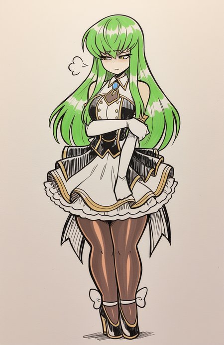 1girl, solo, traditional media, sketch, hatching \(texture\), 
c.c., long hair, green hair, yellow eyes, idol outfit, stage costume, layered skirt, pantyhose, heels, long gloves, microphone accessory, standing, slightly hunched, pensive gaze, sigh, sad,
 <lora:JamoART_v4:1> jamoart, extremely detailed, highres, masterpiece, best quality