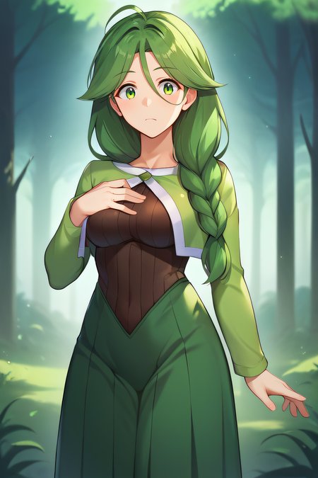 score_9, score_8_up, score_7_up, score_6_up, score_5_up, score_4_up, BREAK source_anime, masterpiece, best quality, ultra quality, <lora:Cheryl:1>, cheryl, green eyes, green hair, braid, hair over shoulder, green skirt, long skirt, pleated skirt, long sleeves, standing, cowboy shot, looking at viewer, forest background, hand on chest, surprised, closed mouth