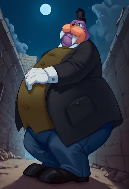 score_9, score_8_up, score_7_up, <lora:Honestjohngusherpony1.0:0.5> honest john gusher as a walrus, fat, overweight, walrus tusks, squinting eyes, smile, solo, 1boy, rotund, furry male, Rotor the walrus as mr walrus, with large mustache, <lora:MrWalrus_PXL_Leaf1:1>, green eyes, fangs, furry,  furry anthro, alley, dutch angle, posing, from below, clothed, (((dutch angle, posing, from below))), walrus, fat, overweight, walrus tusks, squinting eyes, smile, solo, 1boy, male focus, <lora:pony_monocles-step00000800:1>,(monocle),round eyewear, top hat,, suit, gloves, furry male, mustache, necktie, a robber-baron wearing a monocle on a chain on his left eye, top hat, white shirt, black vest from 1900 holding a pocketwatch, standing
BREAK
city, ruins, back alley, outside, night, moon, stars, ambient light,