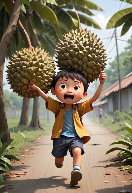 The story tells of a boy, chubby and with little hair, who was running with a large durian. His old mom chased him with a wooden stick because she feared for her son's safety. Although the boy cried out in fear, his mother actually acted out of love for her son. This story illustrates the bond of love between a mother and child.
