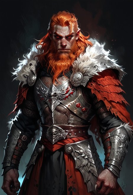 score_9, score_8_up, score_7_up, (anthropomorphic bat), Pipistrellus, (bat), (male bat), (vampire), (werebat), simple background, dark background, red eyes, menacing look, black outfit, pale skin, solo, hairy, long beard, dark red armour, red medieval armour, red chainmail, mythril armour, runic silver ornaments, fur cloak, standing up straight, calm face, ginger hair, closed mouth, cowboy shot