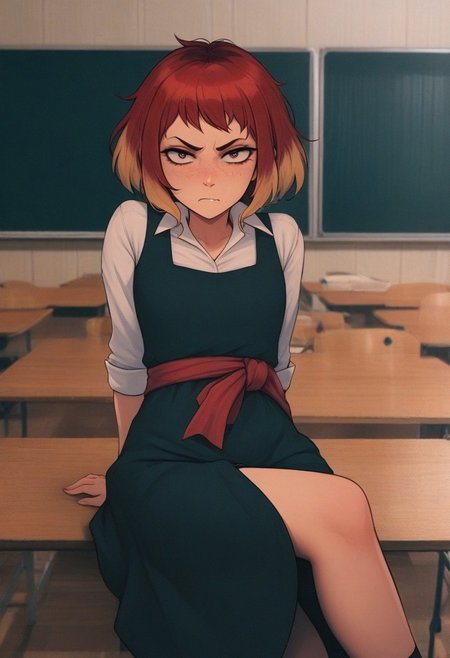 masterpiece,best quality,amazing quality, PHTBG, photo background, 1girl, multicolored hair, freckles, dress, sash, sitting, classroom, scowl, looking at viewer