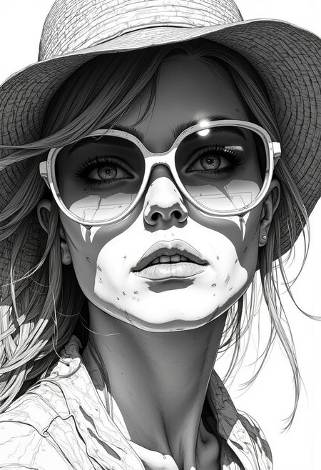 woman in sunglasses and a hat. black and white image, in the style of ray tracing, precision in details, Dmitry Kustanovich, frontal perspective, Nikola petals, close-up shots, bold and bright --ar 14:25 --stylize 750 --v 6