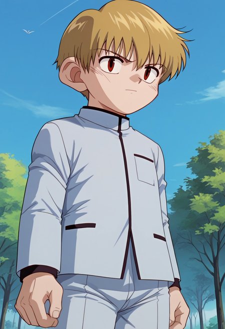 score_9, score_7_up, source_anime 
okita, 1boy, male focus, solo, red eyes, blonde hair, short hair, school uniform, jacket, grey jacket, long sleeves, pants, grey pants,
outdoor, sky, tree