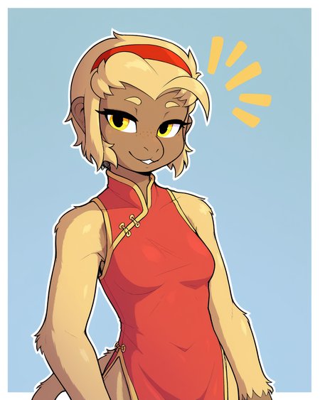 score_9_up, score_8_up, score_7_up, score_6_up, by remanedur, half-length portrait, monkey, furry female, yellow hair, multicolored body, yellow eyes, chinese dress, female, furry, hairband, tail, medium breasts,short hair, solo, happy, smile, three-quarter view, head tilt, simple background, white outline, <lora:Leah_Pines(AIM)_XL_v1:0.15> <lora:PDXL_artist_tags_v2_big:0.5> <lora:The-Minuscule-Task_PDXL_v1.0:0.6>   <lora:Yang-Mei_Sewdle:0.75>