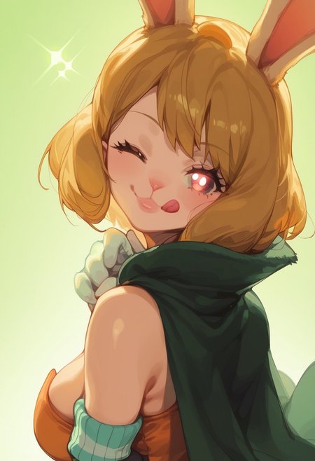 CarrotXLP, rating_explicit, score_9. score_8_up, score_7_up, 1girl, solo, horns, looking at viewer, pointy ears, cute pose, short hair, striped sleeves, glowing eyes, from side, closed mouth, breasts, Kartoon,
Expressiveh, gl0ss, solo, mature face, milf, sexy lips, smile, sexy smile, girl, red lightings, mature face, small face, orange short dress, bare shoulders, green cape, white gloves, open clothes, blonde hair, rabbit ears, rabbit girl, furry female, Opcarrot, rabit mouth, happy, :p, tongue out, sexy tongue, wink