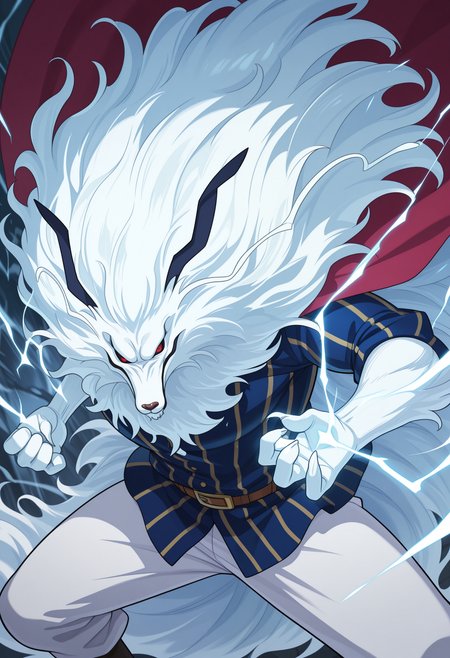 masterpiece, best quality, amazing quality, solo, 1boy, InuarashiOP, striped shirt, cape, white pants, electricity, fighting stance, sulong, red eyes