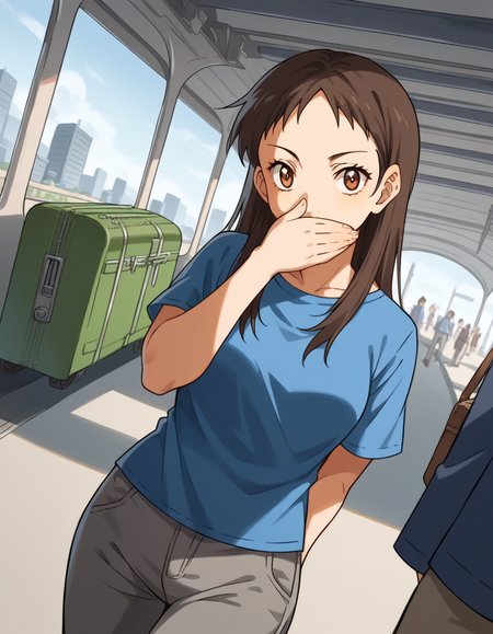 score_9, score_8_up, score_7_up, source_anime, <lora:emi-igawa-s1-ponyxl-lora-nochekaiser:1>,, emi igawa, long hair, brown eyes,, shirt, pants, blue shirt, grey pants, capri pants,, train station, waiting for train, suitcase, traveling, commute, city skyline, hands behind back,, smile, , hand covering mouth, solo,, cowboy shot, dutch angle