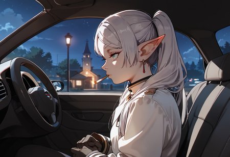 score_9, score_8_up, score_7_up, score_6_up, 1girl, Frieren, elf ears, sexy, small breasts, night, girl_focus, solo, car_interior, cigarette in mouth, gloves, motor_vehicle, car, white jacket, ground_vehicle, from side