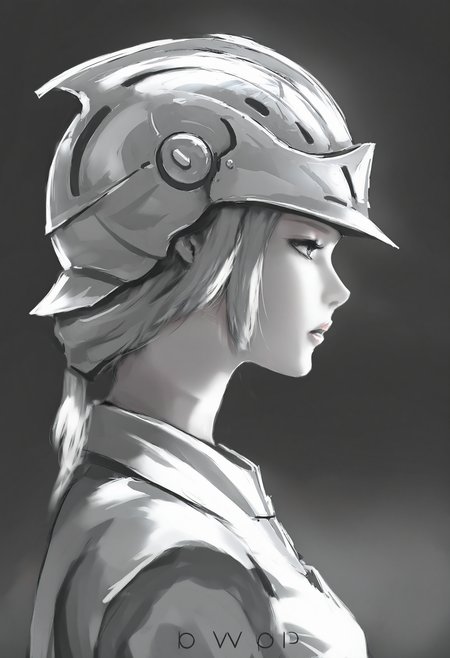 ,  1girl, solo, parted lips, black background, from side, profile, reflection, helmet, monochrome<lora:wlopXLlokr4f-000187:0.95>