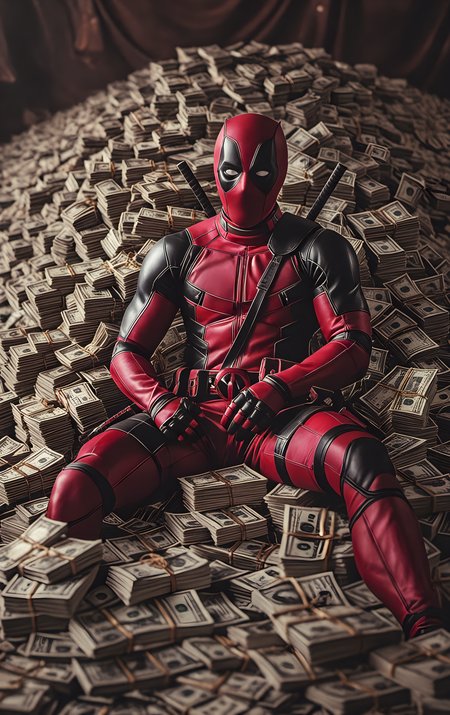 cinematic photo deadpool sitting on a giant pile of cash . 35mm photograph, film, bokeh, professional, 4k, highly detailed