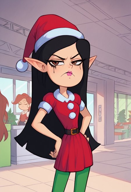 score_8_up, score_7_up, 1girl, solo, cute, upper body, standing, hand on hip, cute squint, frown, half-closed eyes, mouth closed, grumpy, looking at viewer, Brittney_W, Chinese-American girl, light skin, waist-length, black hair, brown eyes, pink lipstick, black mascara, christmas elf outfit, red hat, fake elf ears, short skirt, green leggings, working in mall, crowded mall, christmas season,