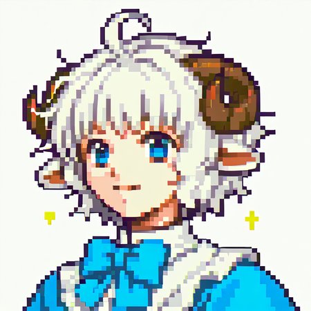 score_9, score_8_up, score_7_up, BREAK <lora:zs_FEGBAPortraitsXL:1> fegbaportraits, portrait, white background, 1girl, solo, blue eyes, white hair, short hair, messy hair, ahoge, light blue dress, bowtie, frills, ribbons, sheep girl, sheep horns, sheep ears, happy