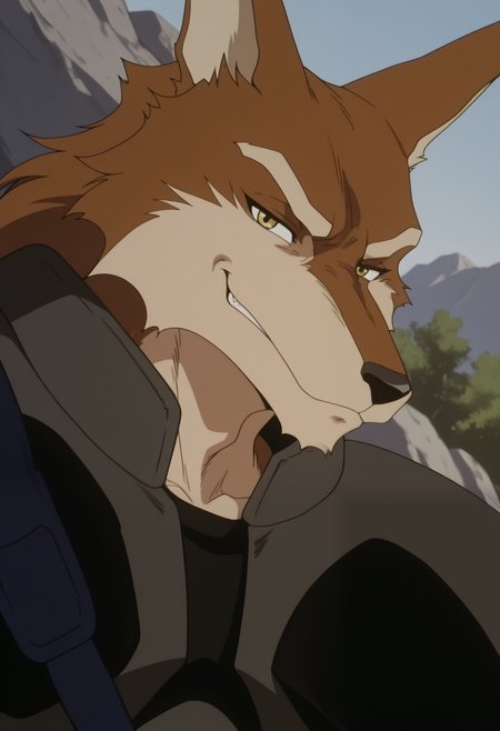 masterpiece,best quality,amazing quality, 1boy, solo,j3nt0ru, fox boy, yellow eyes, brown fur, chest armor, chest plate, close up, side angle, smirk, outdoors,