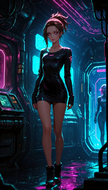 NLSTN, glowing, dark, masterpiece, best quality, very aesthetic, absurdres, 1girl, slim, athletic, small breasts, straight brown hair, messy ponytail, a ravishing cinematic female, tight semi transparent bodycon, short dress, sexual pose, full body shot, space station, cyberpunk, pink and blue neon lights in the background, cinematic lighting, rim light, depth of field, highly detailed, ultra-detailed, zPDXL3 zPDXLxxx, blurry, solo, bokeh, sleeves past wrists, black dress, tight clothes, looking at viewer, breasts, dress, glowing eyes, black eyes, standing,
 <lora:NLSTN_892242:0.7>