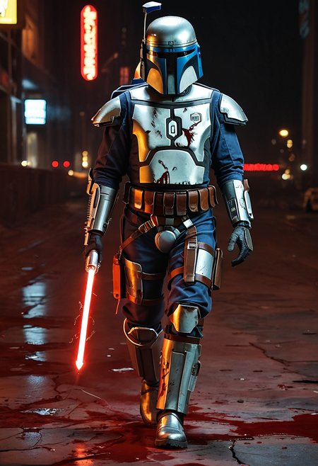 <lora:Jango-PXL:1.2> jango-pxl, jango fett, solo, black background, simple background, damaged, torn clothes, blood, neon lights, cracked floor, walking, water, blue and red theme, burning city, laser pointer projection, smoke, sparkle,, score_9, score_8_up, score_7_up, score_6_up, score_5_up, score_4_up, Cinematic photography, movie mood, cinematic light, compelling composition, storytelling elements, conveys emotion, mood, and narrative depth, creating visually striking images that feel like still frames from a film