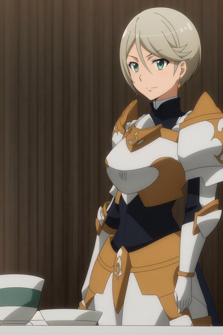 panache, anime art style, 1girl, solo, looking_at_viewer, short_hair, gray_hair, jewelry, green_eyes, upper_body, earrings, sky, day, cloud, armor, blue_sky, shoulder_armor, breastplate, anime_coloring