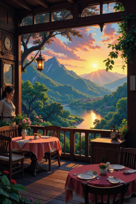 a restaurant beautiful  landscape, early morning, woman, very intricate, very detailed, sharp, bright, colorful, <lora:Hand v2:0.5> <lora:Anti-Blur:1><lora:Insane Detail Slider:0.25>  <lora:flux.1_lora_flyway_Epic-detail_v2:0.3> <lora:fluxenhancer:0.25> <lora:Anime_style:0.6> anime style