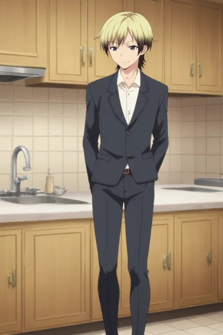 score_9, score_8_up, score_7_up, source_anime, rating_safe, intricate details, (3d:0.4), , , 1boy, solo, male focus, <lora:kodaka_hasegawa_pony:0.94>, kodaka_hasegawa, blonde hair, black eyes, short hair, multicolored hair, two-tone hair, black hair, wide angle, wide shot, full body, kitchen, midnight, the pose, smirk, suit,, <lora:sdxl_lightning_8step_lora:1>
