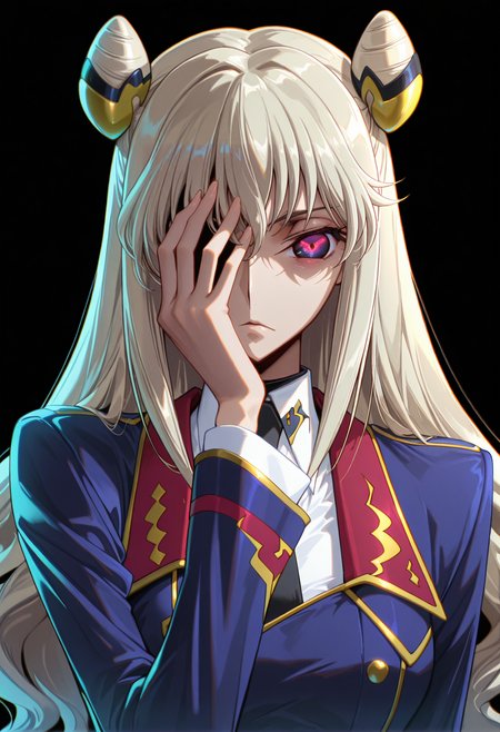 masterpiece, best quality, amazing quality, very aesthetic, absurdres, newest, detailed eyes,, A professional, high-quality,, code geass, <lora:ALTXLpony_063_8:1.0> <lora:Smooth Booster:0.5> 
1girl, slender, medium breasts, Leila Malcal,, uniform, blue jacket, long sleeves, collared shirt, necktie,, double bun, cone hair bun, blonde hair, long hair, hand on own face, (one eye covered:1.2), use geass, (blue geass:1.2), (detailed use geass:1.2), one eyed geass,, (expressionless),, standing, face focus, upper body, solo,, (black background, simple background), <lora:Leila_Malcal_Code_Geass_Akito_the_Exiled_-_Illustrious:0.8> <lora:Geass_use_geass:1.0>