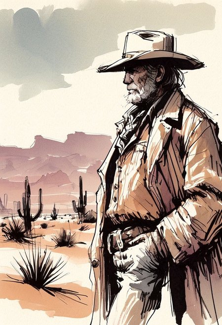 inksketch,
 an old cowboy in a duster standing alone in the desert,