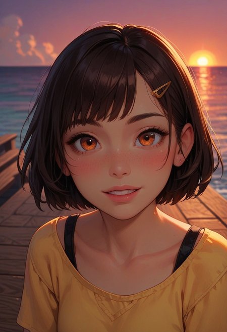 score_9_up, score_8_up, score_7_up, score_6_up, 1girl, 25 years old, perfect face, cute, petite, adult,
detailed face, portrait, face focus, depth of field, looking at viewer, blush, shy smile, (close up), 
orange eyes, 
brown hair, short hair, bob cut, hair ornament, hairclip, 
yellow shirt,
pier, ocean, sunset,