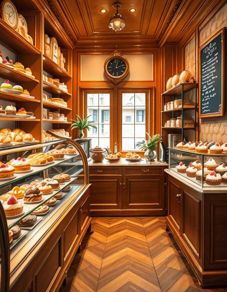 A beautifully designed, elegant pastry shop with a luxurious European-inspired aesthetic. The interior features intricate moldings, high ceilings, and large arched windows that allow natural daylight to stream in, casting a soft glow over the polished marble floors. The walls are adorned with pastel-colored wallpaper, delicate gold accents, and vintage-style framed paintings of pastries and tea sets.
The centerpiece of the shop is a long glass display case filled with an exquisite assortment of pastries, including colorful macarons, delicate éclairs, fruit tarts with glistening glaze, and elegantly decorated cakes with intricate sugar flowers. Behind the counter, shelves lined with neatly arranged boxes of artisanal chocolates, fine teas, and jars of homemade jam add to the refined atmosphere. Crystal chandeliers hang from the ceiling, casting a warm golden light that reflects off the glass surfaces.
Small round tables with marble tops and wrought iron chairs are arranged neatly throughout the space, each set with fine porcelain teacups and decorative napkins. A large antique-style clock hangs on the wall above a wooden shelving unit filled with fresh baguettes and croissants resting in woven baskets. The air is filled with the inviting scent of fresh-baked pastries, vanilla, and rich espresso.
In the background, a grand espresso machine with polished brass fittings sits atop a marble counter, next to a beautifully arranged tiered cake stand displaying freshly made confections. A large, arched doorway with a carved wooden frame leads to a cozy back room with additional seating and a vintage-style menu board showcasing the shop's specialties written in elegant calligraphy. The entire setting evokes a sense of refinement, charm, and indulgence, with a warm and welcoming ambiance.
<lora:SDXLFaeTastic2400:0.4> <lora:extremely_detailed:0.4> extremely detailed, <lora:elegant_p4stry_sh0p_illus:1>,elegant p4stry sh0p, Masterpiece,best quality,hi res,8k,hi res,8k,award winning,(sharp focus, intricate, highly detailed),