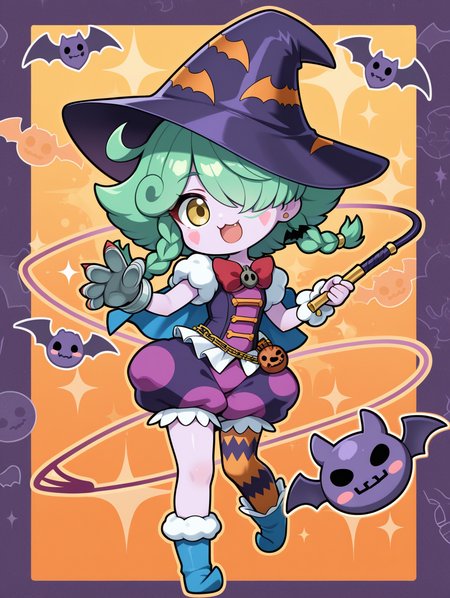 abyss actor - leading lady,chibi,1girl,solo,hair over one eye,fang,smile,bat \(animal\),full body,open mouth,whip,holding whip,blush stickers,looking at viewer,:3,purple skin,:d,skull hair ornament,purple witch hat,red bow,purple dress,purple bloomers,single glove,single legwear,single wrist cuff,bat earrings,blue cape,blue pointy footwear,
masterpiece,best quality,amazing quality,very aesthetic,absurdres,newest,<lora:Abyss Actor - Leading Lady illusXL v1.2:0.72>,