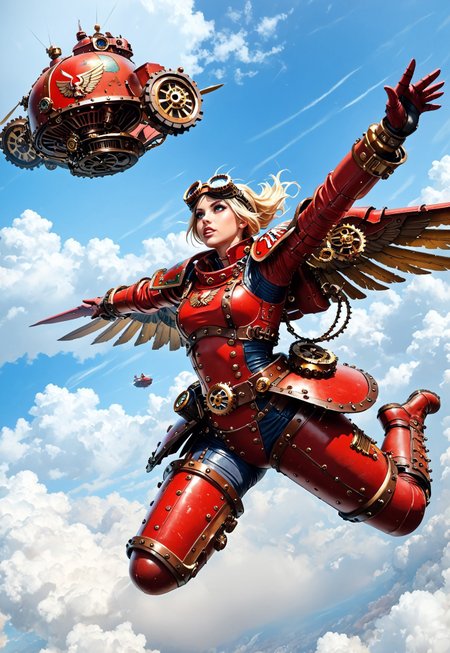 (score_9, score_8_up), score_7_up,  <lora:PonyBloodA40K:0.8> BloodA40K, 1girl, solo, wearing red power armor, ((steampunk, sky world, cloud)), midriff, blonde hair, flying, hovering, air, goggles on head, dynamic angle, (intricate details,detailed face,detailed eyes,super-detailer-bsy,detailifier,detailed skin,detailed hair,hyper-detailed,ultra-detailed,sexiness enhancer)