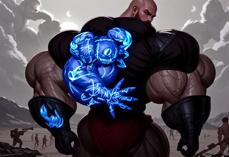 A high-resolution photography featuring Fenris. Fenris is truly a giant of a man, over seven feet tall, bigger even than Tul Duru Thunderhead, with a body that bulges with cords of muscle. His face is in constant, twisted, sneering motion.
(The whole left side of his body, from bald head to toe, is covered in tiny crabby glowing blue writing bio_ink, even his eyelid and lips)
In battle, he wears great plates of black armour on one half of him; the blue half left bare, apart from the straps that hold the armour on. He uses no weapon, relying solely on his brute strength. There is a sickly horror that seems to wash out from him, which makes people feel weak and terribly afraid. 
The background scene is a desolate landscape filled with smaller elite warriors and fighters,
kodak 400 portra. fluxbodybuilder, brutalmass, hyper muscle,huge muscle,thick limbs,thick thighs,thick arms,Monster muscles,beard, ultra-realistic 
<lora:BioInk2FLUX:0.6><lora:hyper_muscular_flux_v1:0.9><lora:Kodak Portra 400 v2:1><lora:MuscleUp-@brtlmss1.v4.style.solo.flux1d_ep4:0.3><lora:v8.1-fluxbodybuilder:0.6>